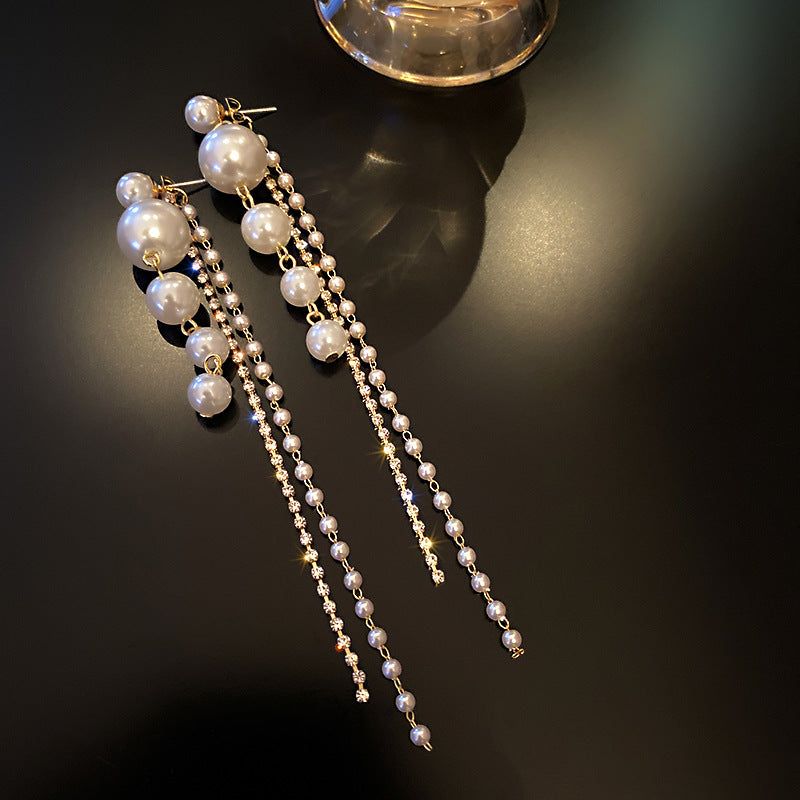 Temperament Pearl Tassel Long Earrings With 925 Silver Pin
